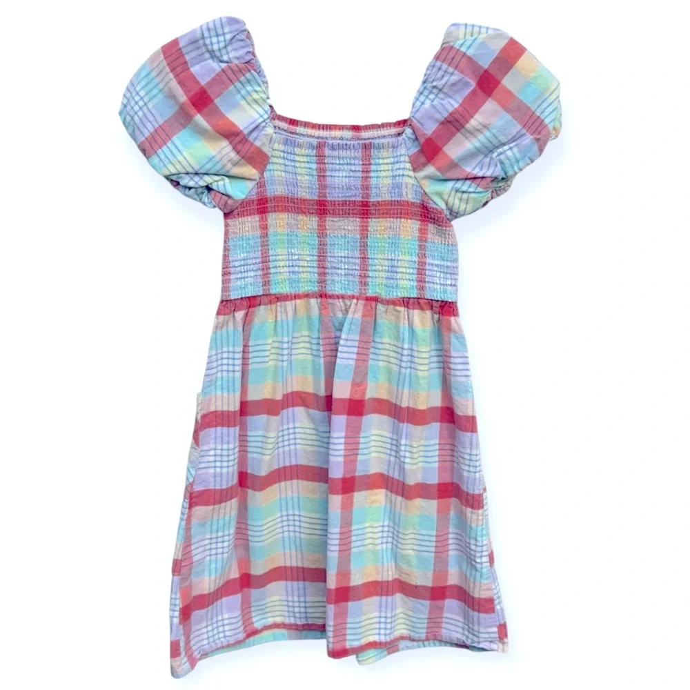 Wonder Nation Girls‎ Pastel Plaid Puff Sleeve Dress Size 7-8